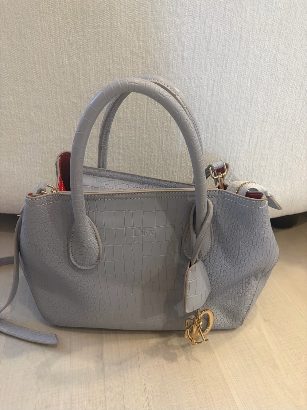 Dior Light Gray/Blue Croc-Embossed Tote Bag with Gold Hardware